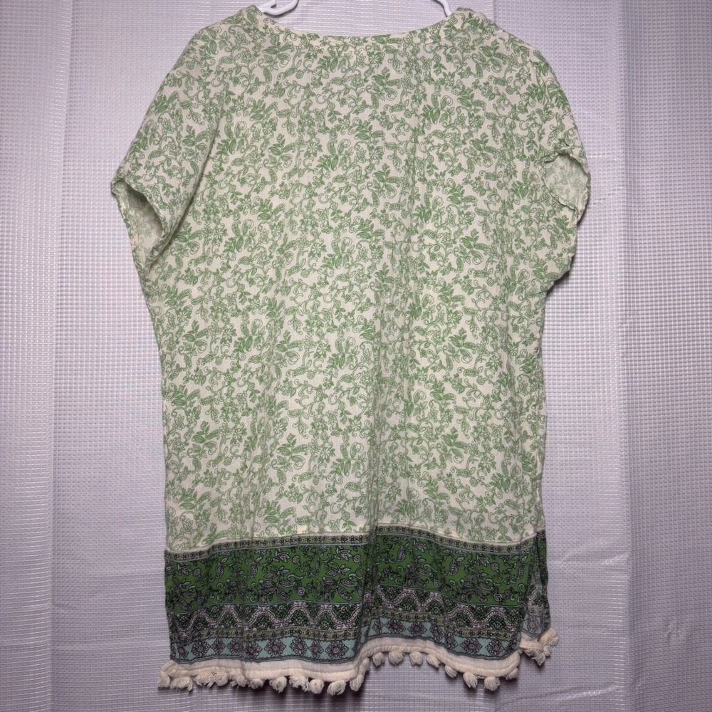 J. Jill Green Floral‎ Paisley Pom Pom Fringe Tunic Top Womens M V-Neck Cotton - Picture 2 of 5